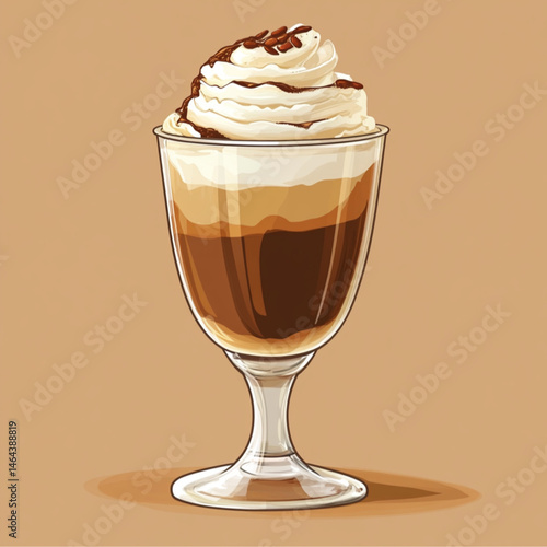 glass of coffee with soft ice cream coffee in a transparent glass cup, topped with whipped cream and dripping caramel sauce, studio lighting
