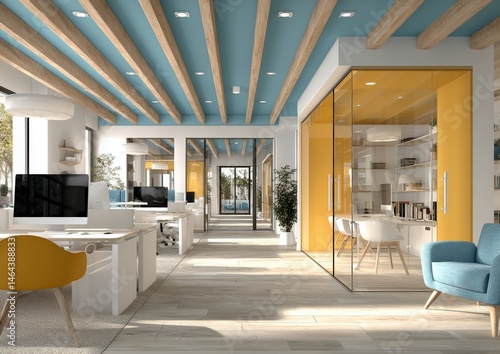 Modern open-plan office with glass meeting rooms, stylish furniture, and natural light creating a bright, collaborative workspace.