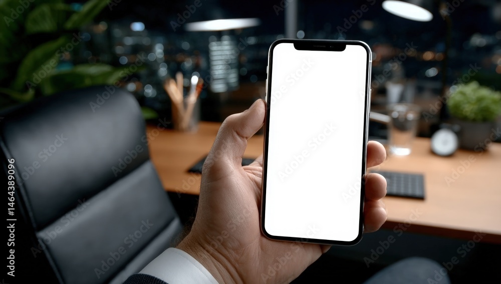 A person holds a smartphone with a blank screen in a modern office at night, city lights visible through the window.