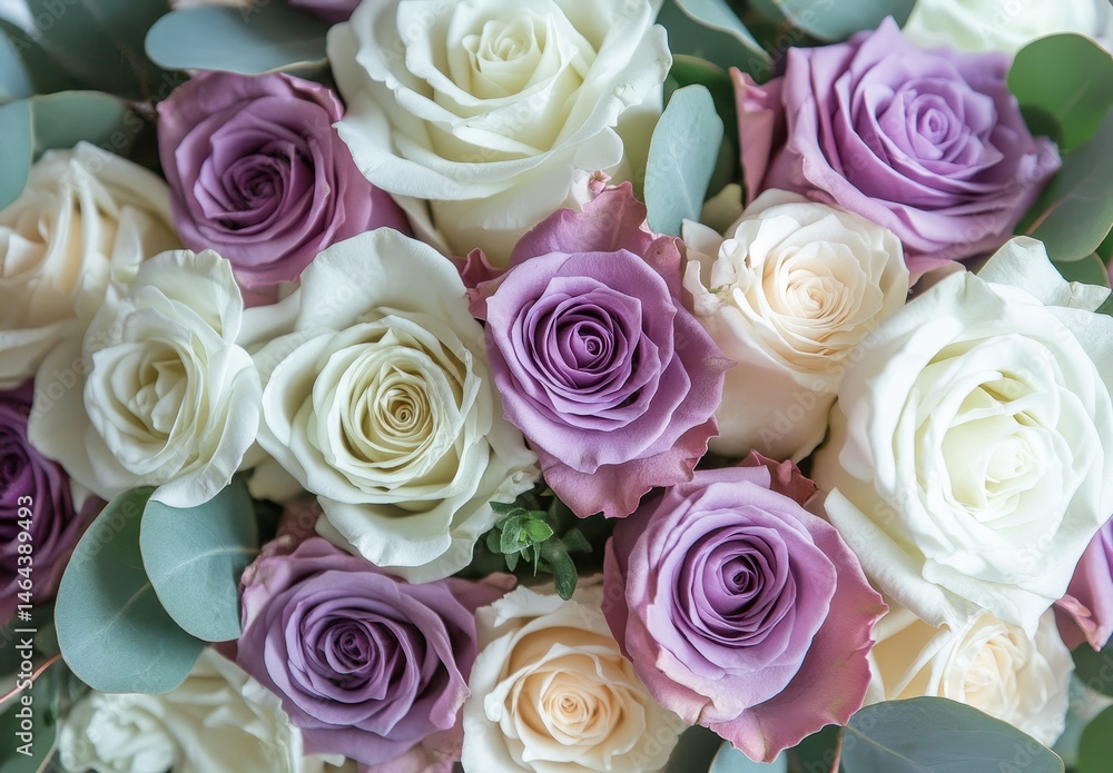 Obraz premium Beautiful Mixed Arrangement of Delicate White and Lavender Roses Surrounded by Fresh Green Foliage in a Floral Display for Any Occasion