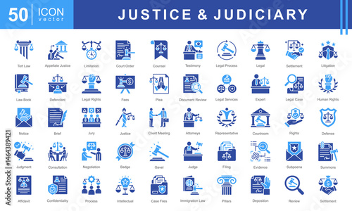 Justice & Judiciary icon set featuring icons for court proceedings, legal rights, litigation, and legal documentation. Perfect for law firms, legal education, and justice-related applications.