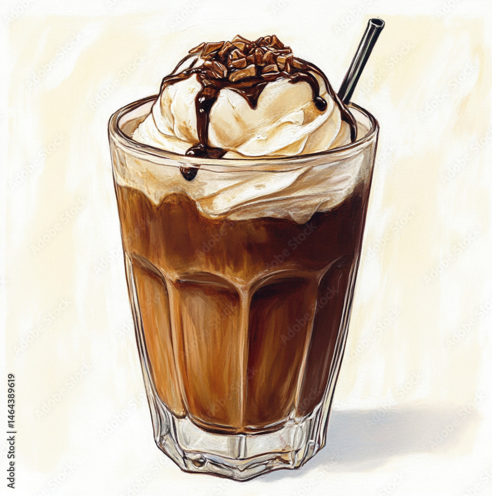 glass of coffee with soft ice cream coffee in a transparent glass cup, topped with whipped cream and dripping caramel sauce, studio lighting, white background
