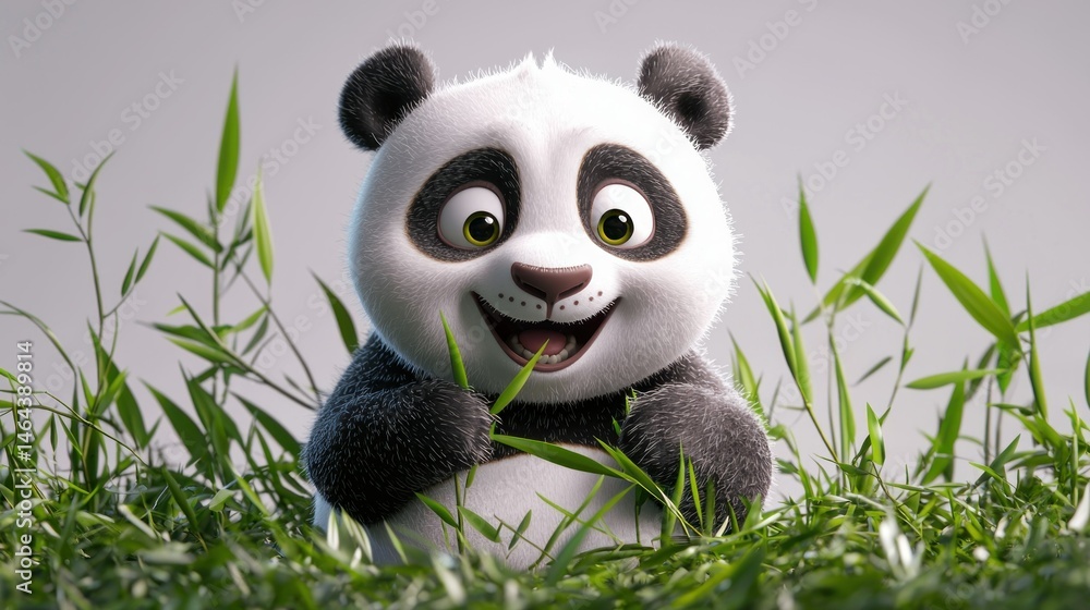 Cute panda cub eating bamboo in grassy field Cute panda cub eating bamboo in grassy field