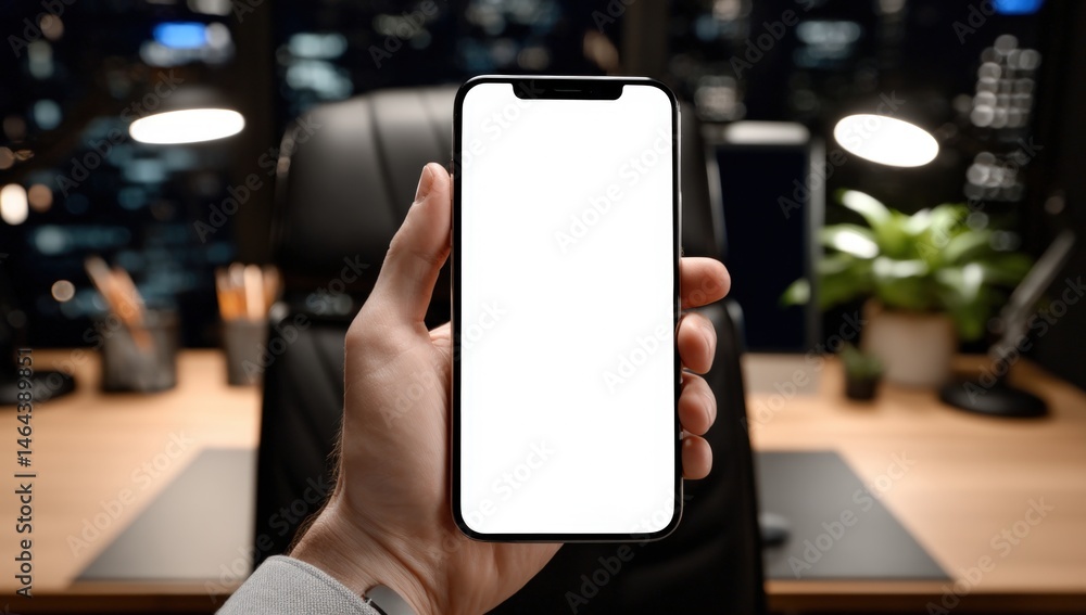 A person holds a smartphone with a blank screen in a modern office at night, city lights visible through the window.
