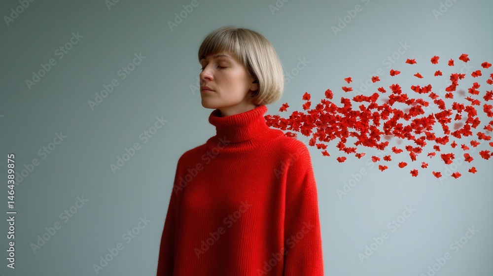 Dreamy woman in red sweater with floating petals