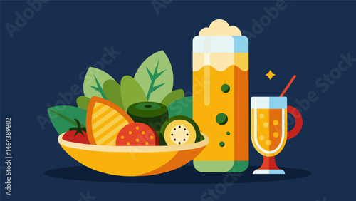 A crisp tart saison accompanied by a bowl of tangy pickled vegetables and mixed olives.. Vector illustration