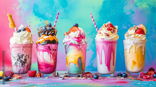 Different sweet delicious freak loaded shakes isolated on colorful vibrant background