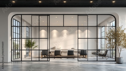 Modern conference room with glass walls, minimalist decor, indoor plants, and ample natural light.