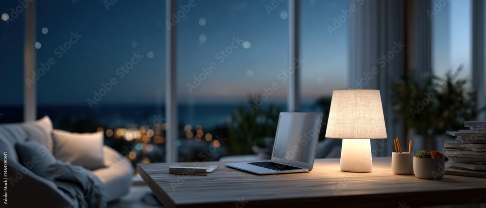A cozy modern workspace with a laptop and lamp, overlooking a cityscape through large windows at night.