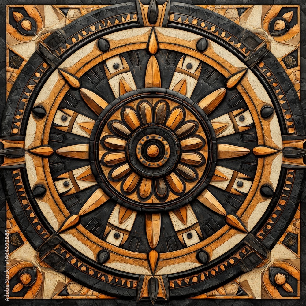 Obraz premium Intricate golden and dark decorative compass design features a central flower motif within a square frame evoking ancient nautical art and symbolic meaning.