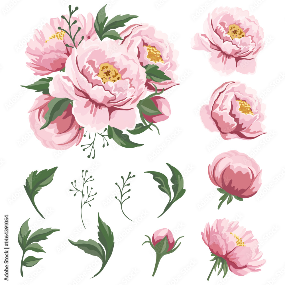 Fototapeta premium Floral composition of pink peonies and green leaves Spring floral design