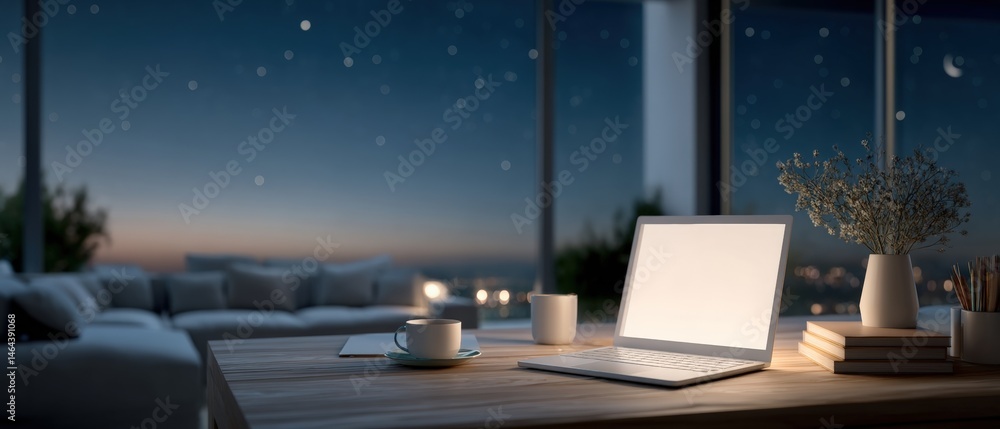 A cozy workspace with a glowing laptop, coffee cups, and books, set against a night city view through large windows.