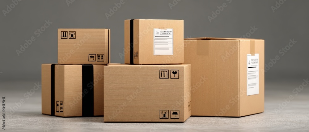 Several cardboard boxes of varying sizes are stacked together on a plain surface, each labeled for shipping or storage.