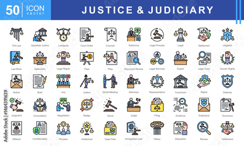 Justice & Judiciary icon set featuring icons for court proceedings, legal rights, litigation, and legal documentation. Perfect for law firms, legal education, and justice-related applications.
