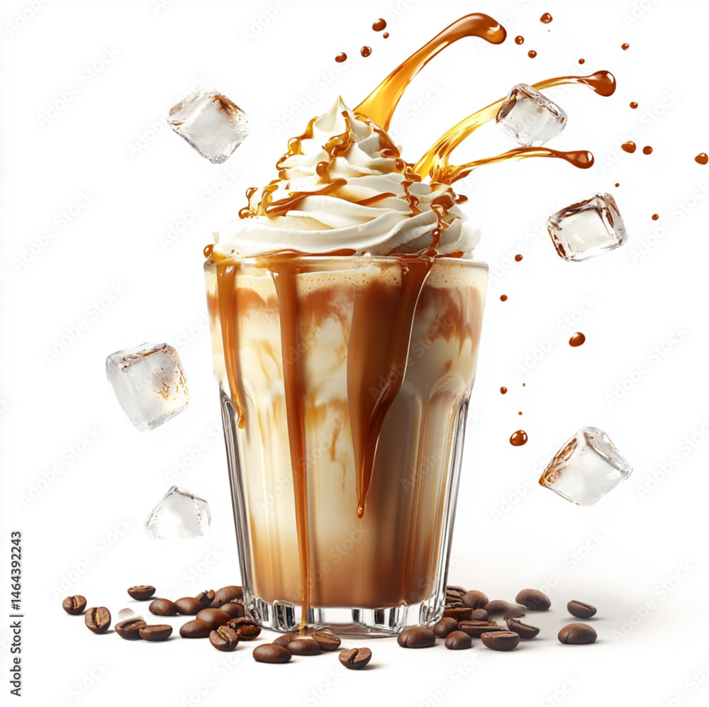 caramel iced coffee in a transparent glass cup, topped with whipped cream and dripping caramel sauce,flying ice cubes and splashing coffee,espresso being poured,isolated on white background