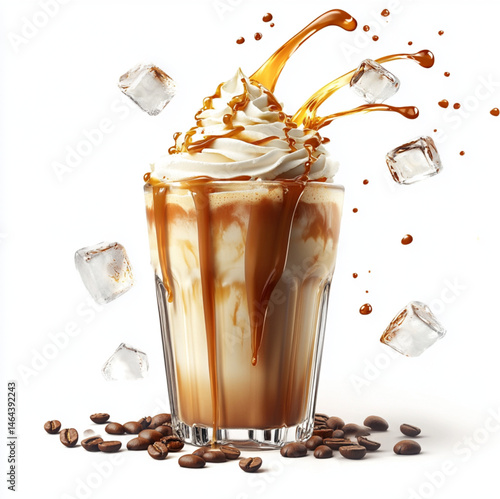 caramel iced coffee in a transparent glass cup, topped with whipped cream and dripping caramel sauce,flying ice cubes and splashing coffee,espresso being poured,isolated on white background