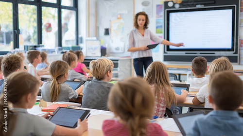 showing a bright and well-lit classroom. A female teacher stands near the front of the room, pointing at a large interactive digital screen. She holds a tablet in one hand.
