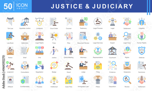 Justice & Judiciary icon set featuring icons for court proceedings, legal rights, litigation, and legal documentation. Perfect for law firms, legal education, and justice-related applications.