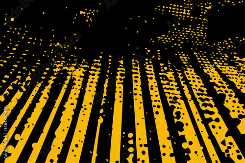 Abstract yellow and black grunge vector background with a sense of perspective. Features distressed stripes, halftone dots, and splatters receding into the distance, creating a dynamic, edgy effect.