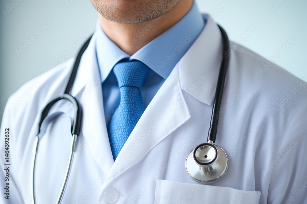 Close-up of a Doctor Wearing a White Coat, Blue Shirt, and Tie with a Stethoscope Around His Neck, Representing Healthcare Professionalism and Medical Expertise Close-up of a Doctor Wearing a White Coat, Blue Shirt, and Tie with a Stethoscope Around His Neck, Representing Healthcare Professionalism and Medical Expertise