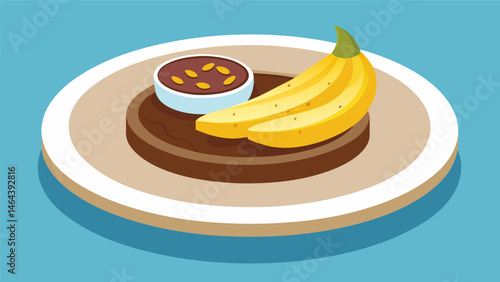 A plate with a sweet touch to satisfy latenight cravings featuring creamy peanut butter chocolate hazelnut spread and banana slices for spreading on. Vector illustration