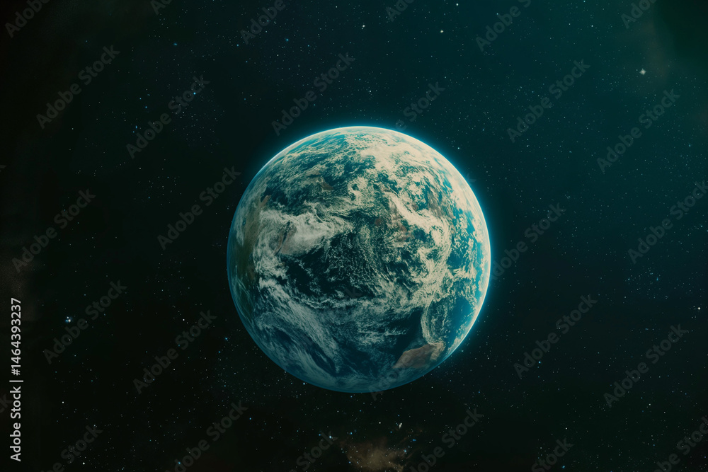 Obraz premium An eye-level shot of planet Earth beautifully set against a star-filled, deep space background. Cinematic style scene. Generative AI