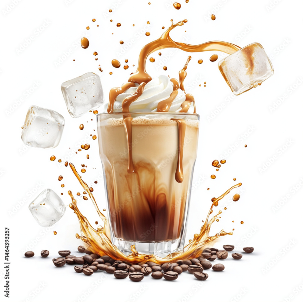 caramel iced coffee in a transparent glass cup, topped with whipped cream and dripping caramel sauce,flying ice cubes and splashing coffee,espresso being poured,isolated on white background