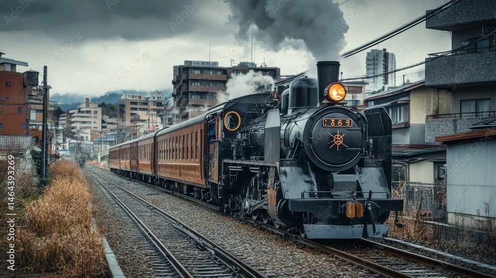 Obraz premium A vintage steam train traveling through a city with buildings and overcast skies above the locomotive