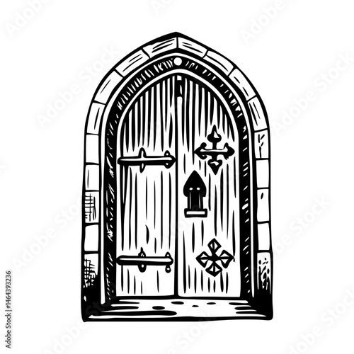 A vintage style illustration of a church door
