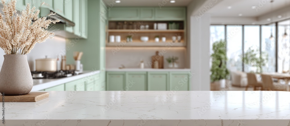 Modern kitchen with mint green cabinets, marble countertop, and a vase of dried flowers, featuring bright natural light and cozy decor.