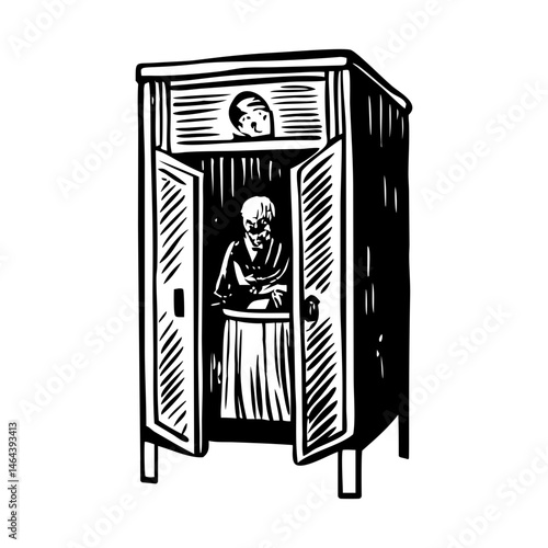 A vintage style illustration of a confession booth