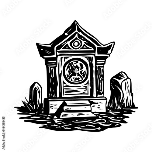 An illustration of a christian shrine designed in vintage style