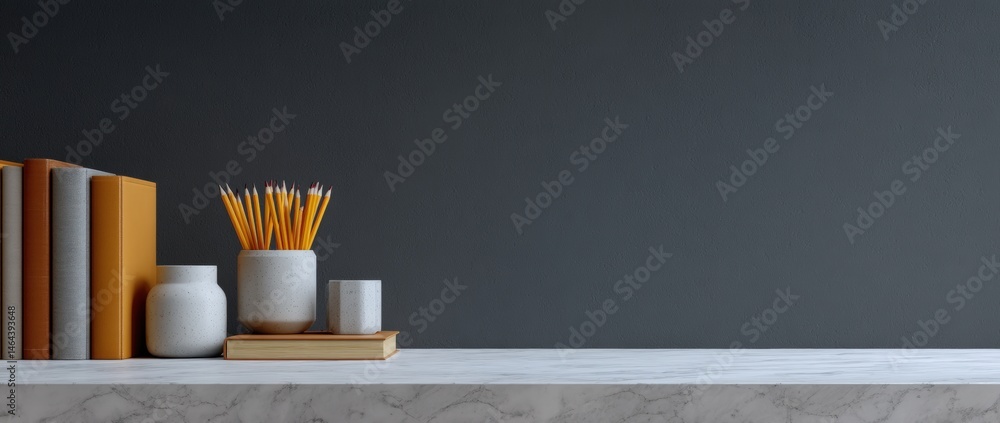 A minimalist desk with books, jars of pencils, and a marble surface against a dark wall.