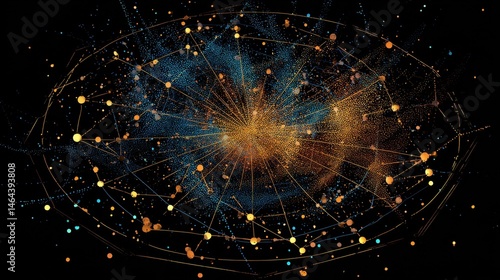 Abstract network design with glowing particles and lines.