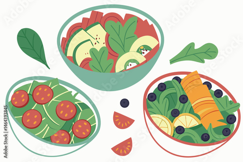 77 Colorful salad bowls, vibrant fresh vegetables, healthy food illustration, cartoon style, top-down view, variety of ingredients, crisp greens, juicy tomatoes, crunchy carrots, assorted fruits, nutr