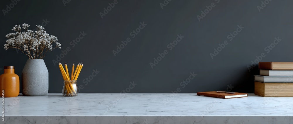 Minimalist workspace with books, pencils, and a vase on a marble desk against a dark wall.