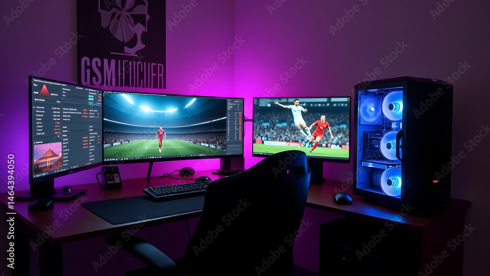 Fototapeta premium This high-resolution image captures a modern, high-tech trading room setup that doubles as a gaming workstation. The sleek black desk features four curved monitors