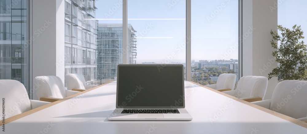Modern conference room with a laptop on a large table, surrounded by white chairs, and cityscape visible through large windows.