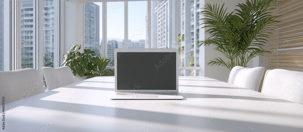 A modern conference room with a laptop on a white table, surrounded by plants and large windows overlooking city buildings.