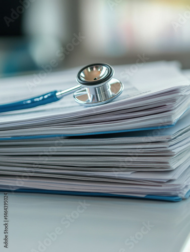Close-up of a stethoscope resting on a stack of medical documents and papers, representing healthcare, medical records, and clinical examination tools