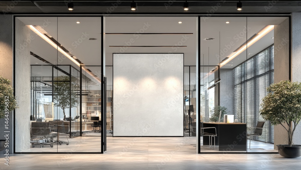 Modern office interior with glass walls, minimalist decor, natural light, and potted plants creating a sleek, professional workspace.