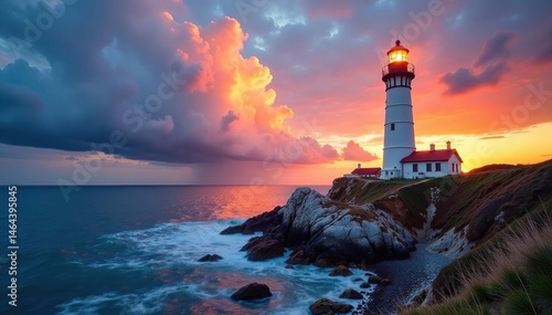 Towering coastal lighthouse against dramatic sky, seascape, fog, coast