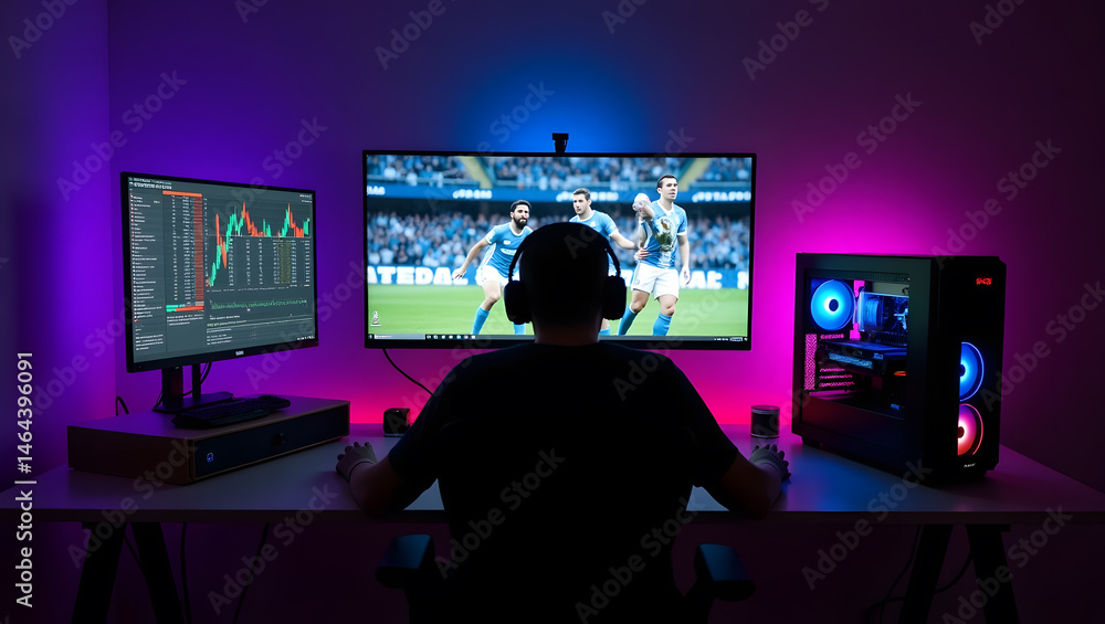 This high-resolution image captures a modern, high-tech trading room setup that doubles as a gaming workstation. The sleek black desk features four curved monitors This high-resolution image captures a modern, high-tech trading room setup that doubles as a gaming workstation. The sleek black desk features four curved monitors