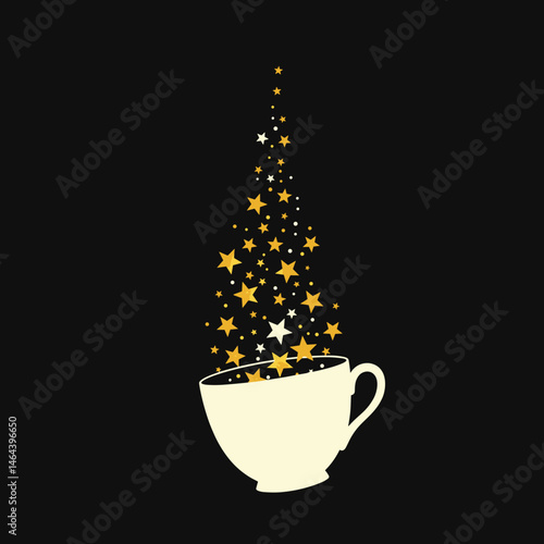 Magical cup with stars rising from it on black background creating enchanting atmosphere with copy space
