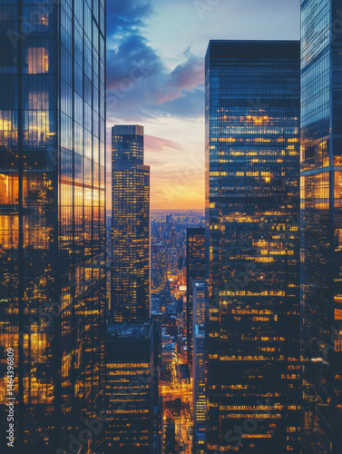 Stunning view of modern skyscrapers reflecting city lights du sunset in a bustling urban skyline with glass buildings and vibrant cityscape at dusk