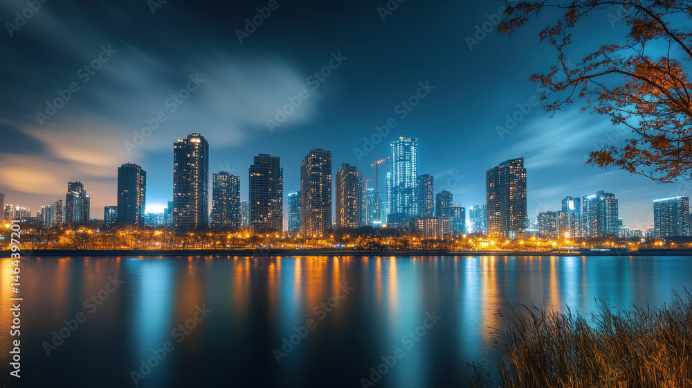Obraz premium Stunning cityscape at night with illuminated skyscrapers reflecting on calm water, featu a vibrant urban skyline with modern buildings and clear dark sky