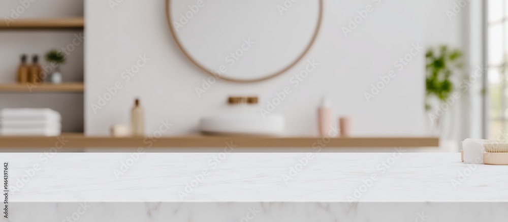 Minimalist bathroom with marble countertop, round mirror, and modern decor in soft neutral tones.