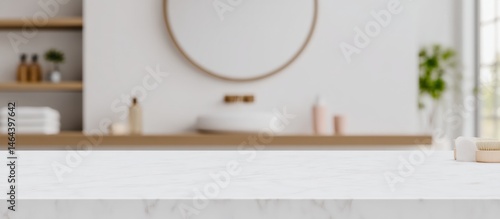 Obraz na płótnie Minimalist bathroom with marble countertop, round mirror, and modern decor in soft neutral tones. w salonie