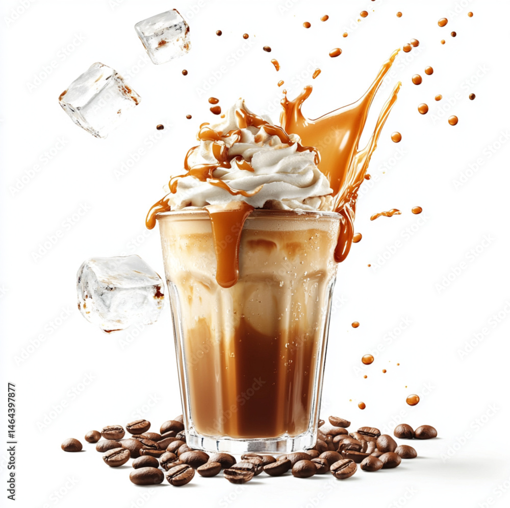 caramel iced coffee in a transparent glass cup, topped with whipped cream and dripping caramel sauce,flying ice cubes and splashing coffee,espresso being poured,isolated on white background