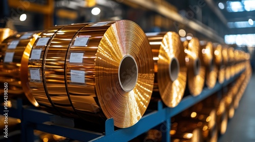 Copper foil rolls stacked in industrial warehouse
